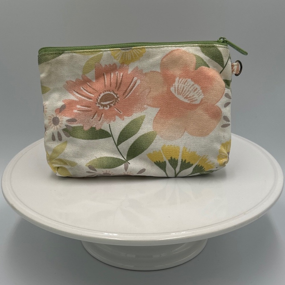 Thirty-One Gifts Floral Canvas Zipper Pouch Small Makeup Bag Peach Green Cream